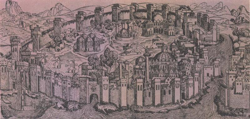 unknow artist den har kartan fran 1493 forestaller konstantinopel med hagia sofia kristenhetens mest beromda kyka till hoger. oil painting picture